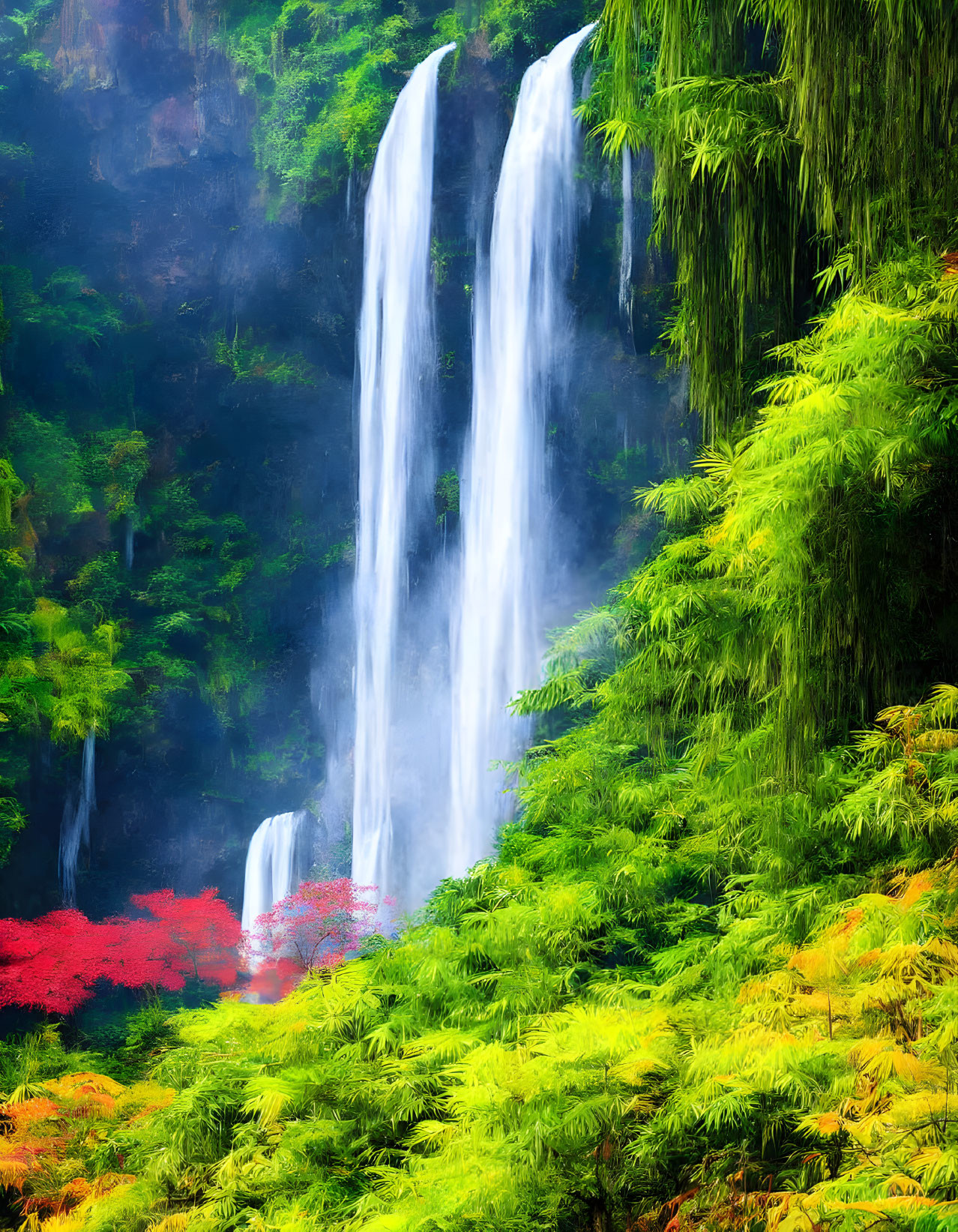 Colorful Waterfall Surrounded by Lush Foliage and Red Flowers