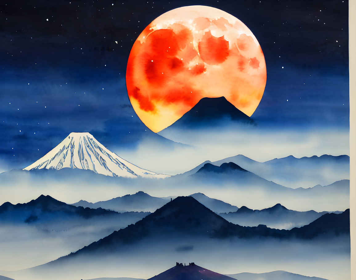 Red Moon Over Mount Fuji in Misty Mountain Scene