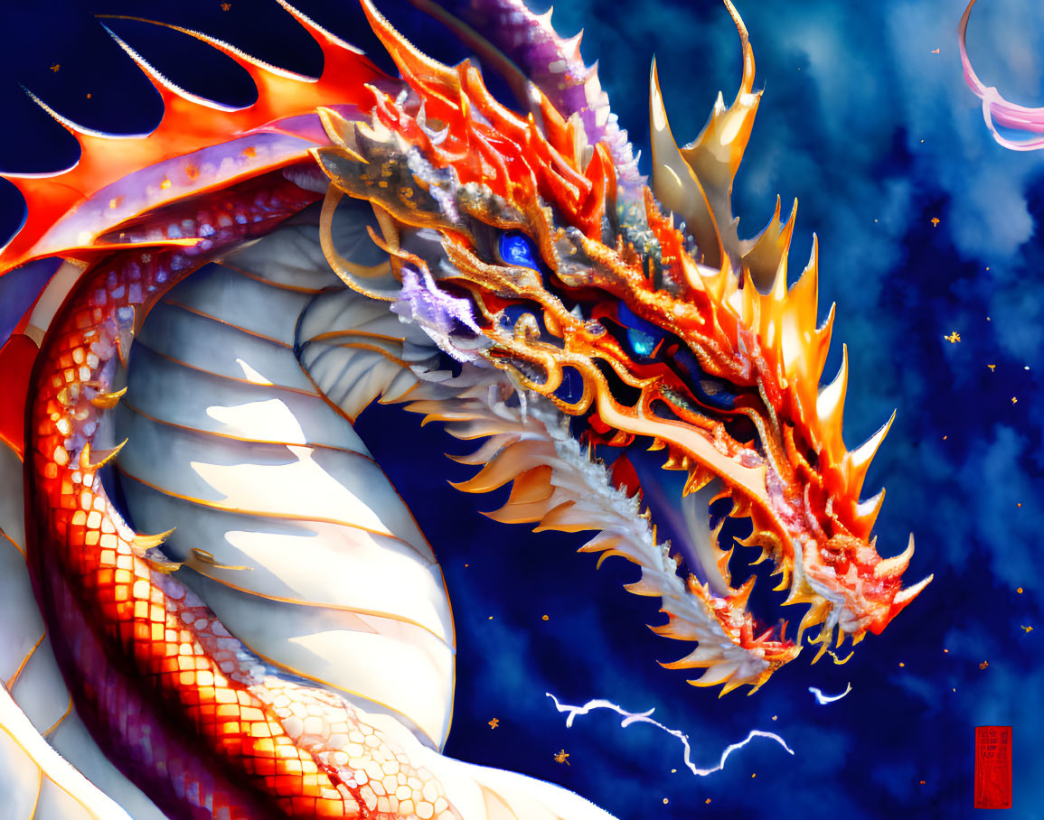 Colorful Dragon Artwork with Fiery Wings in Blue Sky