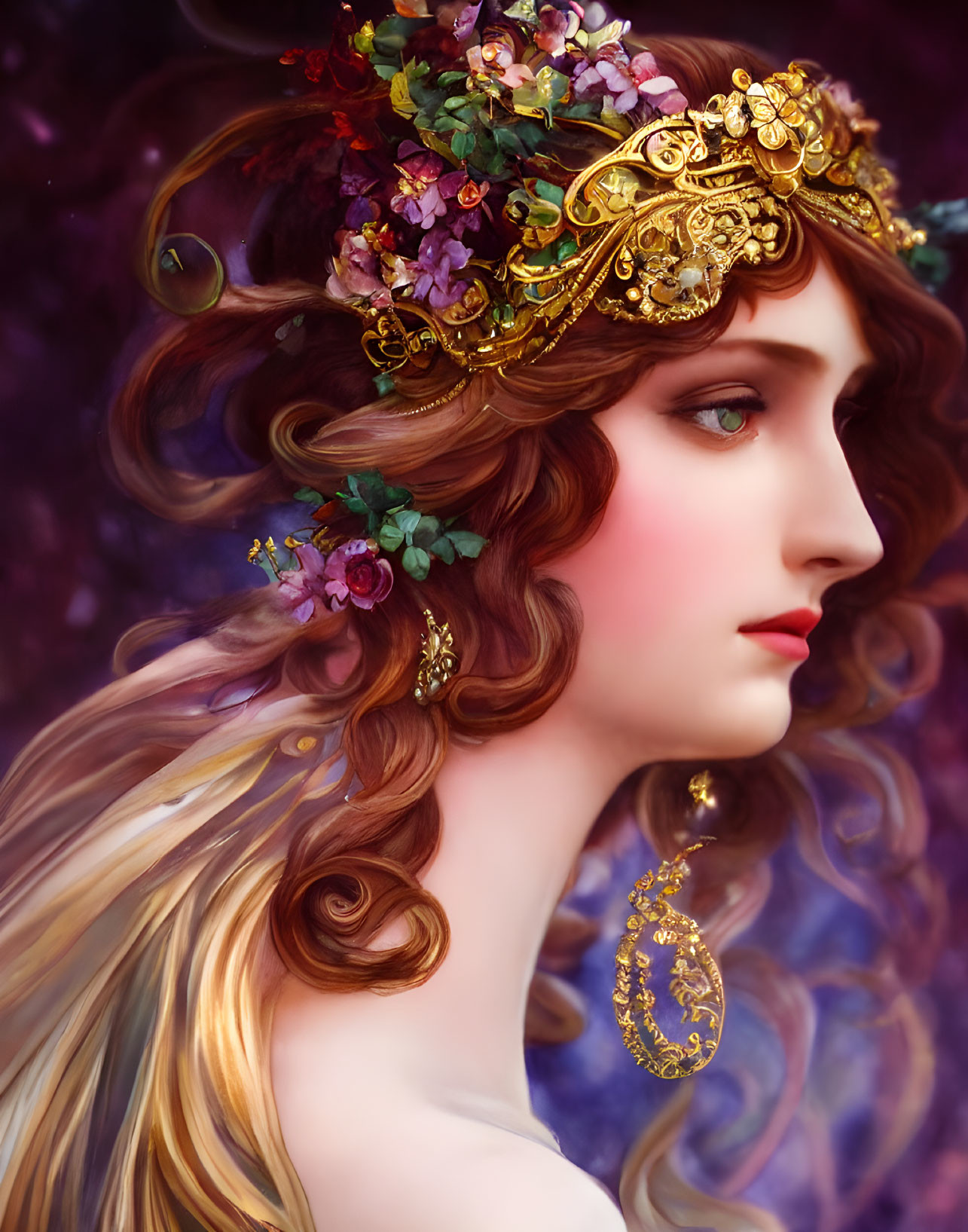 Auburn-Haired Woman in Floral Crown and Jewelry on Purple Background