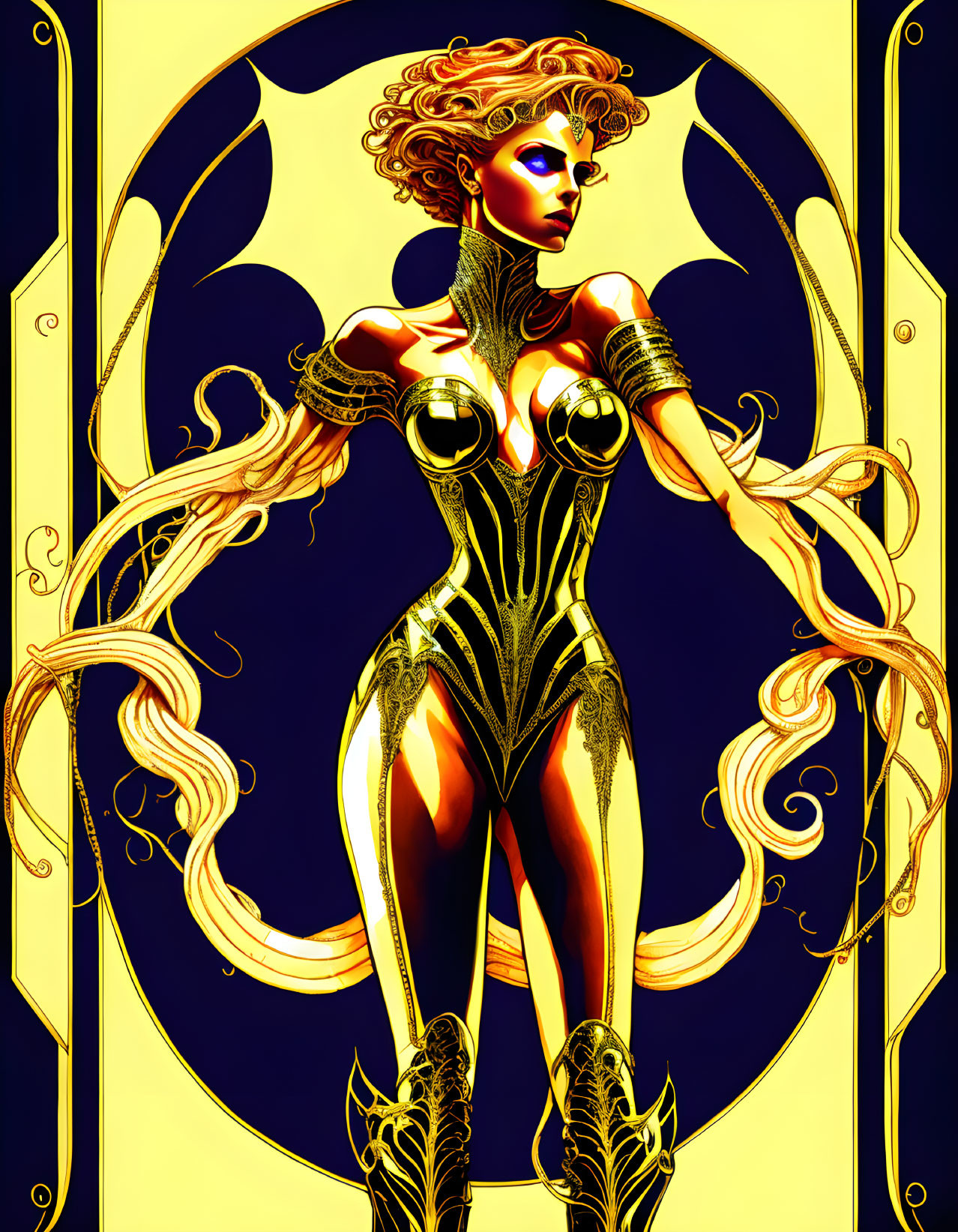 Illustrated Woman in Ornate Golden Costume with Crescent Moon Background