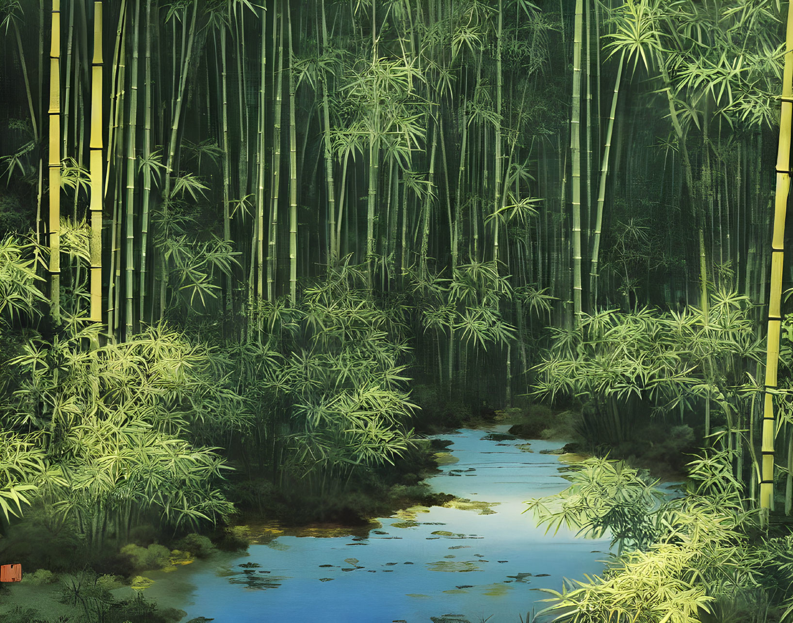 Tranquil Nighttime Scene: Bamboo Forest, Moonlight, and Stream