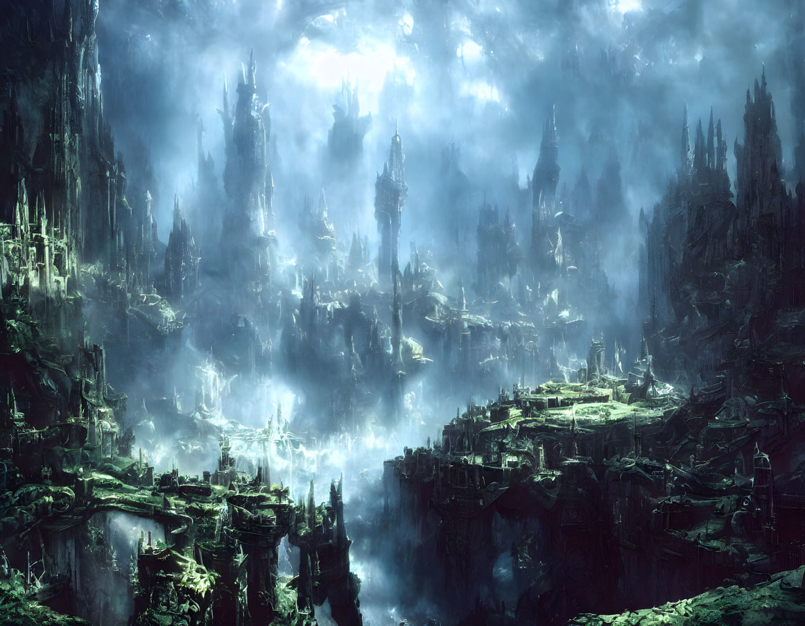 Ethereal underwater city with towering spires and ancient ruins in mystical blue glow