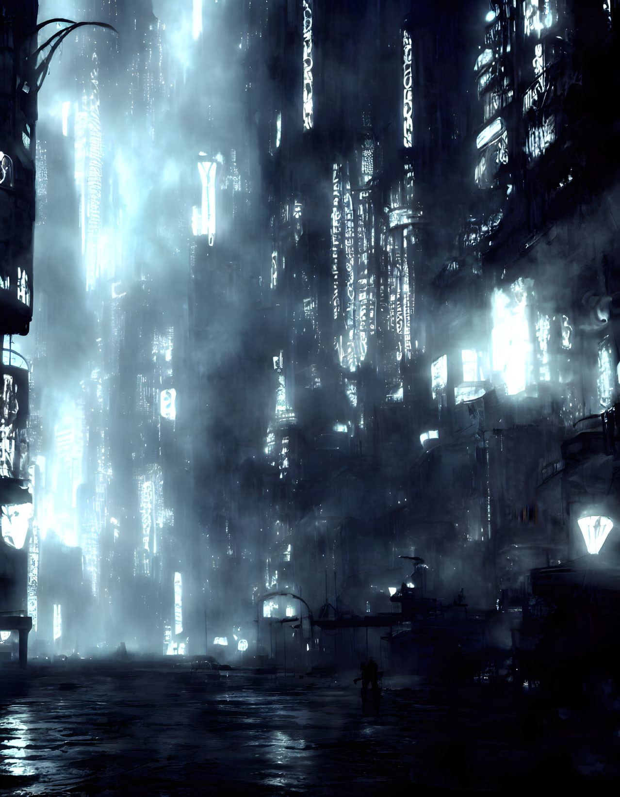 Rain-drenched futuristic cityscape with neon lights, mist, skyscrapers, and solitary figure