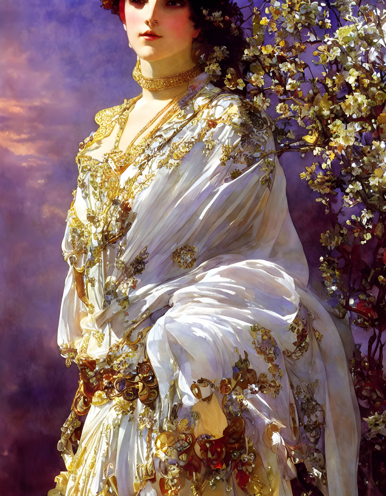 Auburn-haired woman in white and gold dress with blossoming branches on purple sky