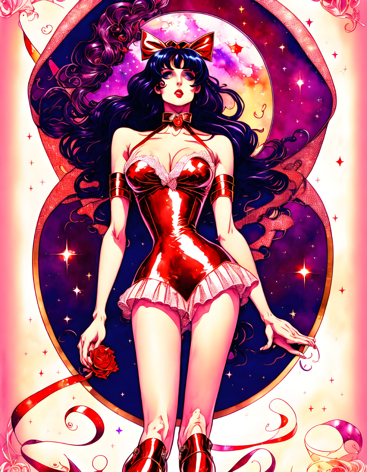 Colorful illustration: Woman in cat ears, red outfit, cosmic and floral backdrop