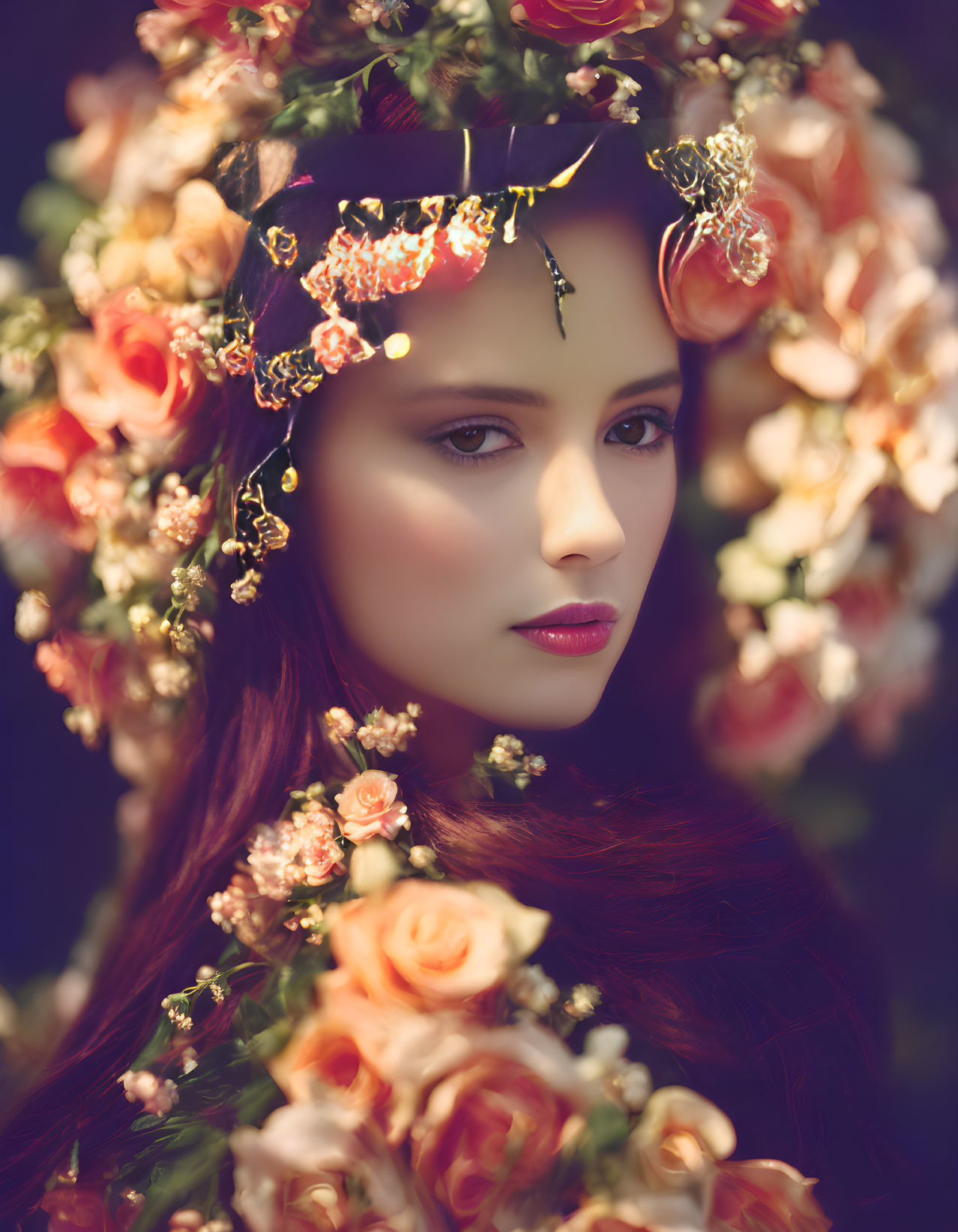 Red-haired woman with headband surrounded by orange roses in circular arrangement