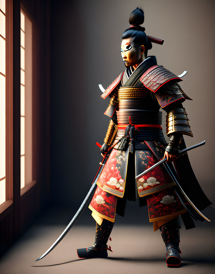 Samurai in Traditional Armor with Katana Near Sunlit Window