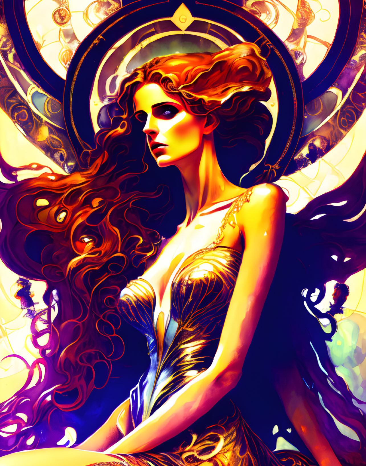 Colorful Stylized Portrait of Woman with Flowing Hair and Halo Emblem