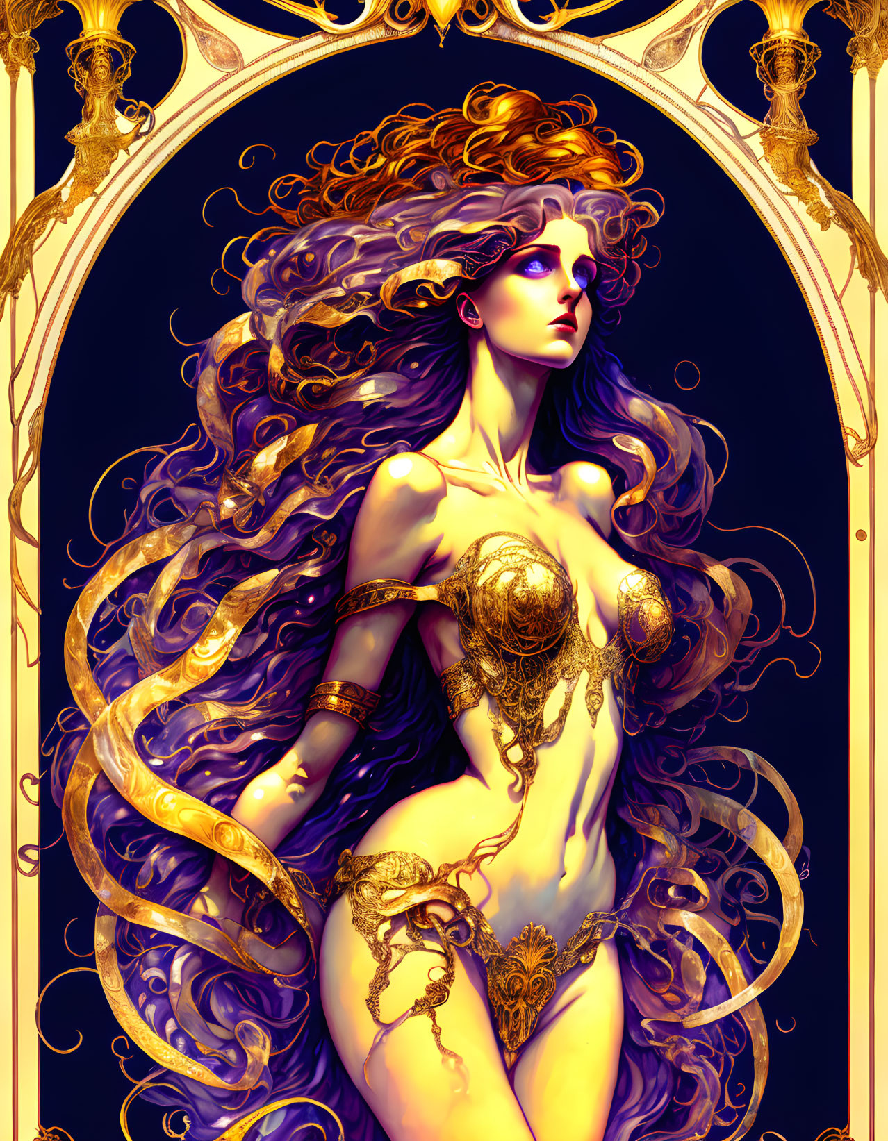 Fantasy figure with flowing hair and gold accents in ornate frame