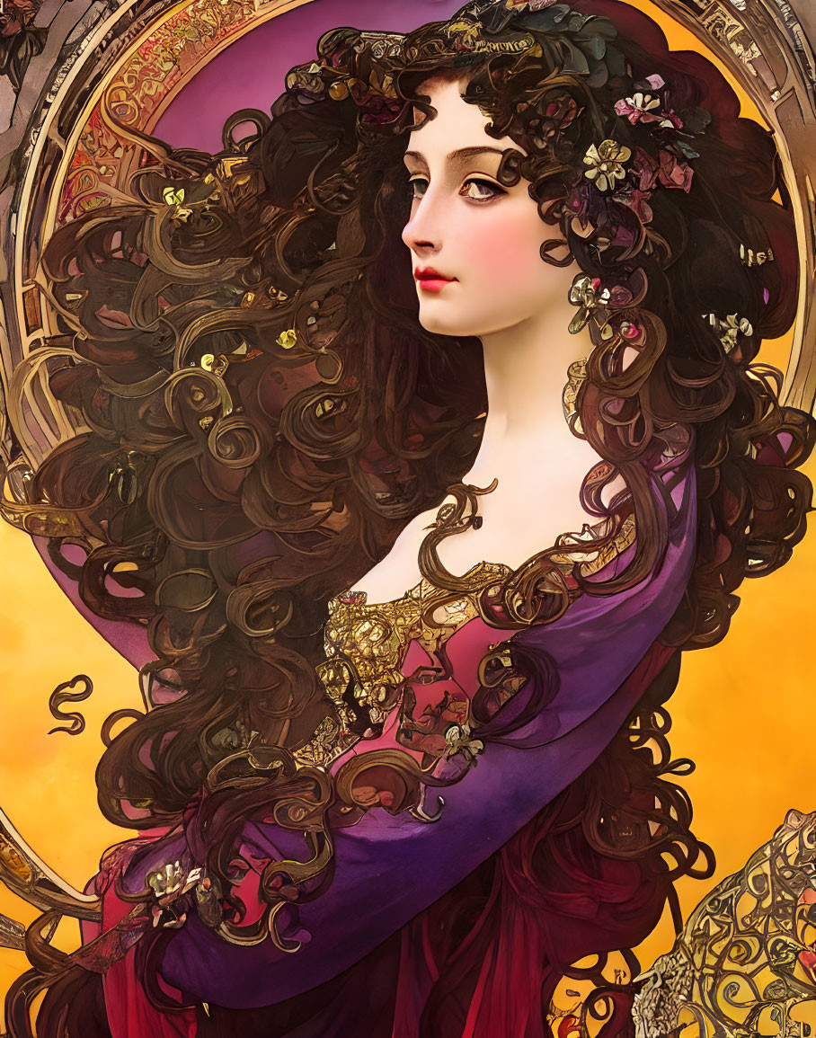 Art Nouveau Style Woman Illustration with Dark Hair and Purple Garment