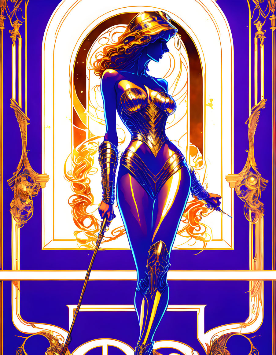 Female superhero illustration in blue and gold with art nouveau border