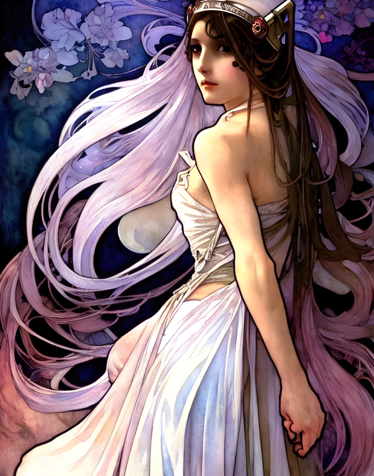 Illustration of Woman with Pink Hair in White Dress on Blue Floral Background