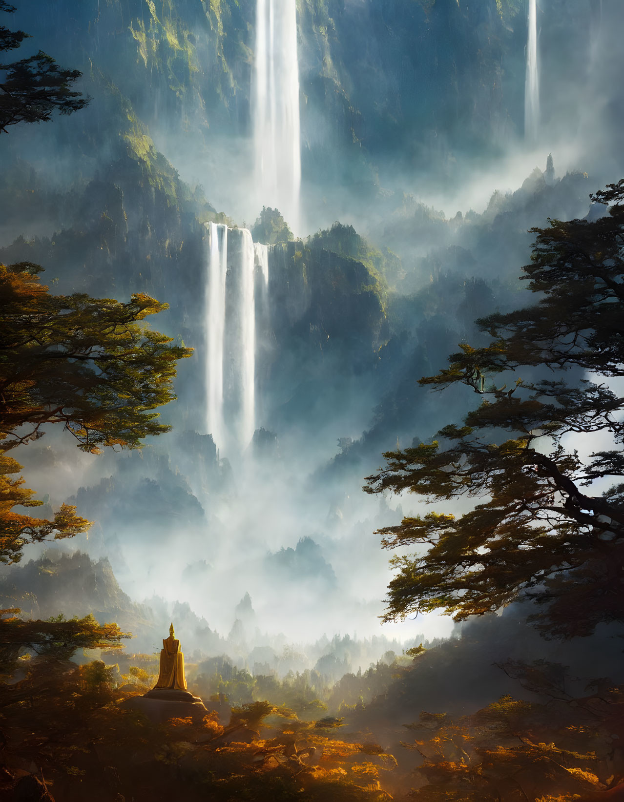 Multiple Towering Waterfalls in Misty Mountain Landscape with Pagoda