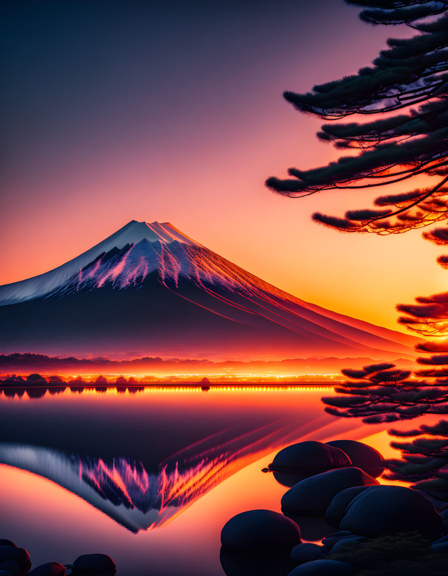 Tranquil sunrise over Mount Fuji with vibrant sky and pine branches.