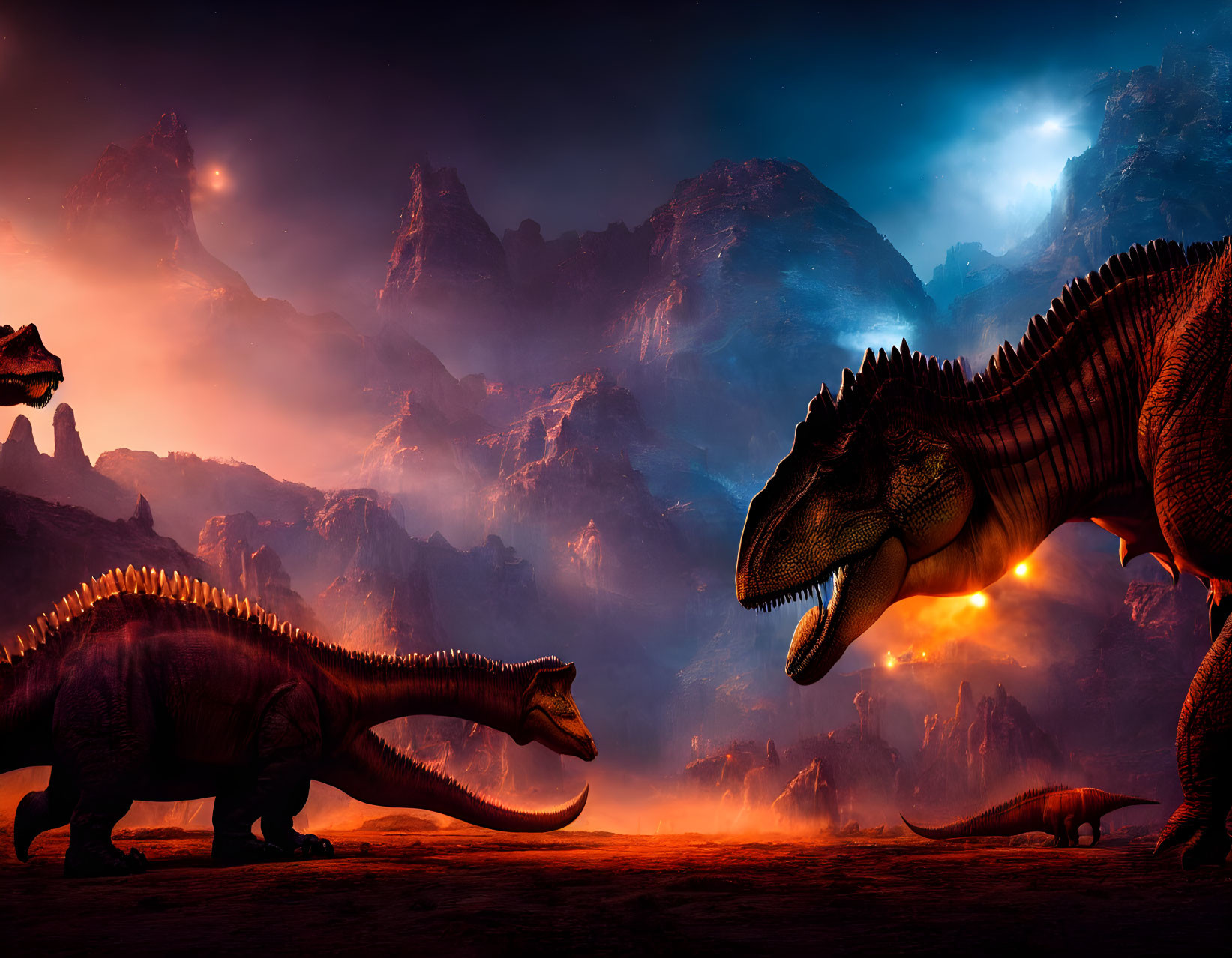 Prehistoric landscape with roaming dinosaurs and bright celestial body