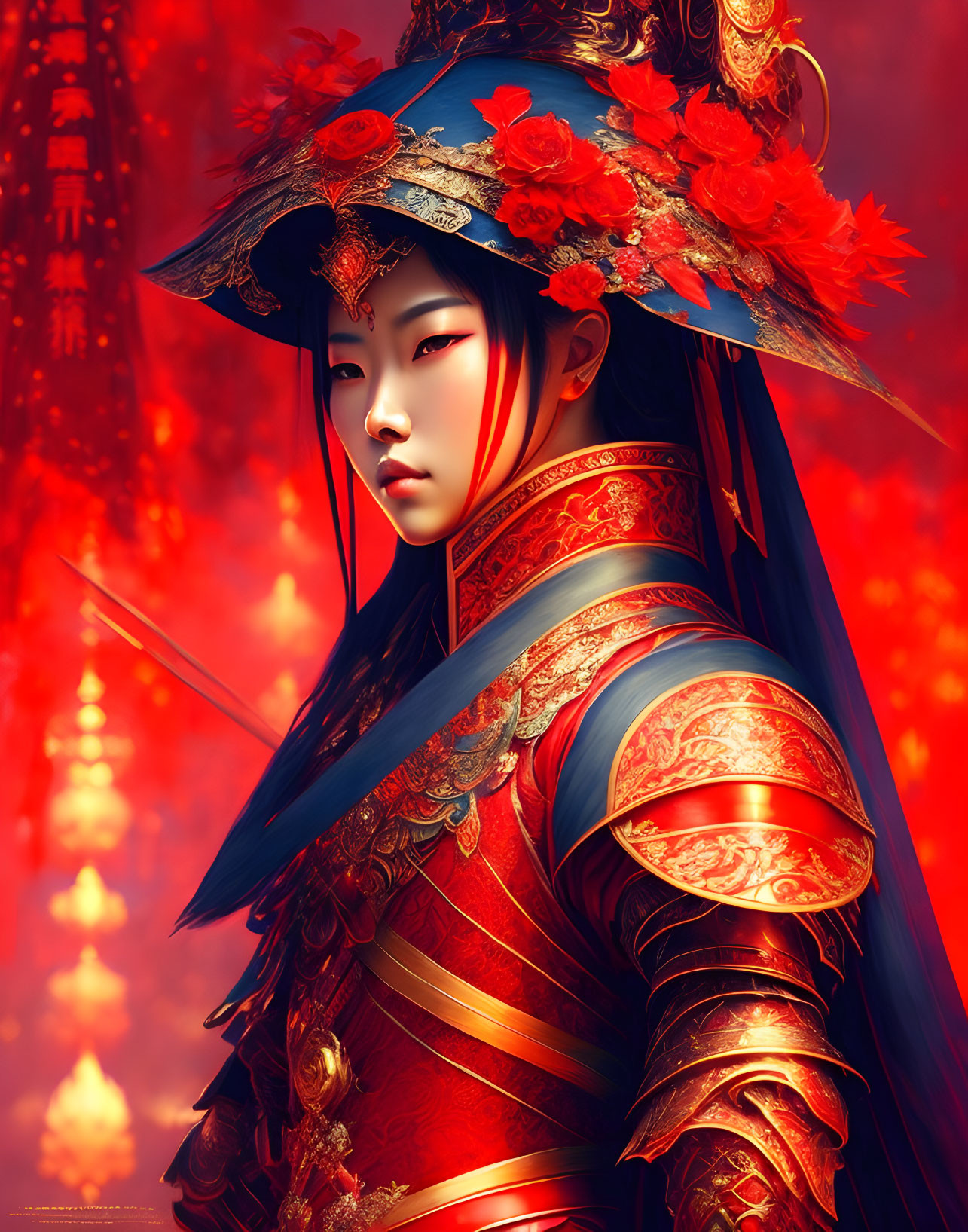 Ornate red and gold armored warrior with floral helmet on red backdrop