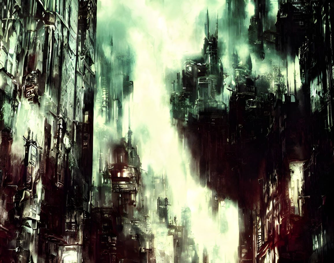 Dystopian cityscape with towering structures and eerie green lights