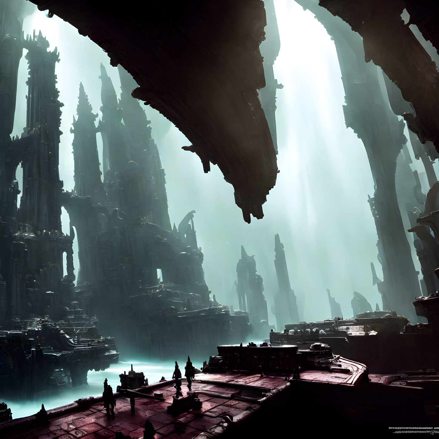 Dark Sci-Fi Landscape with Towering Spire-like Structures