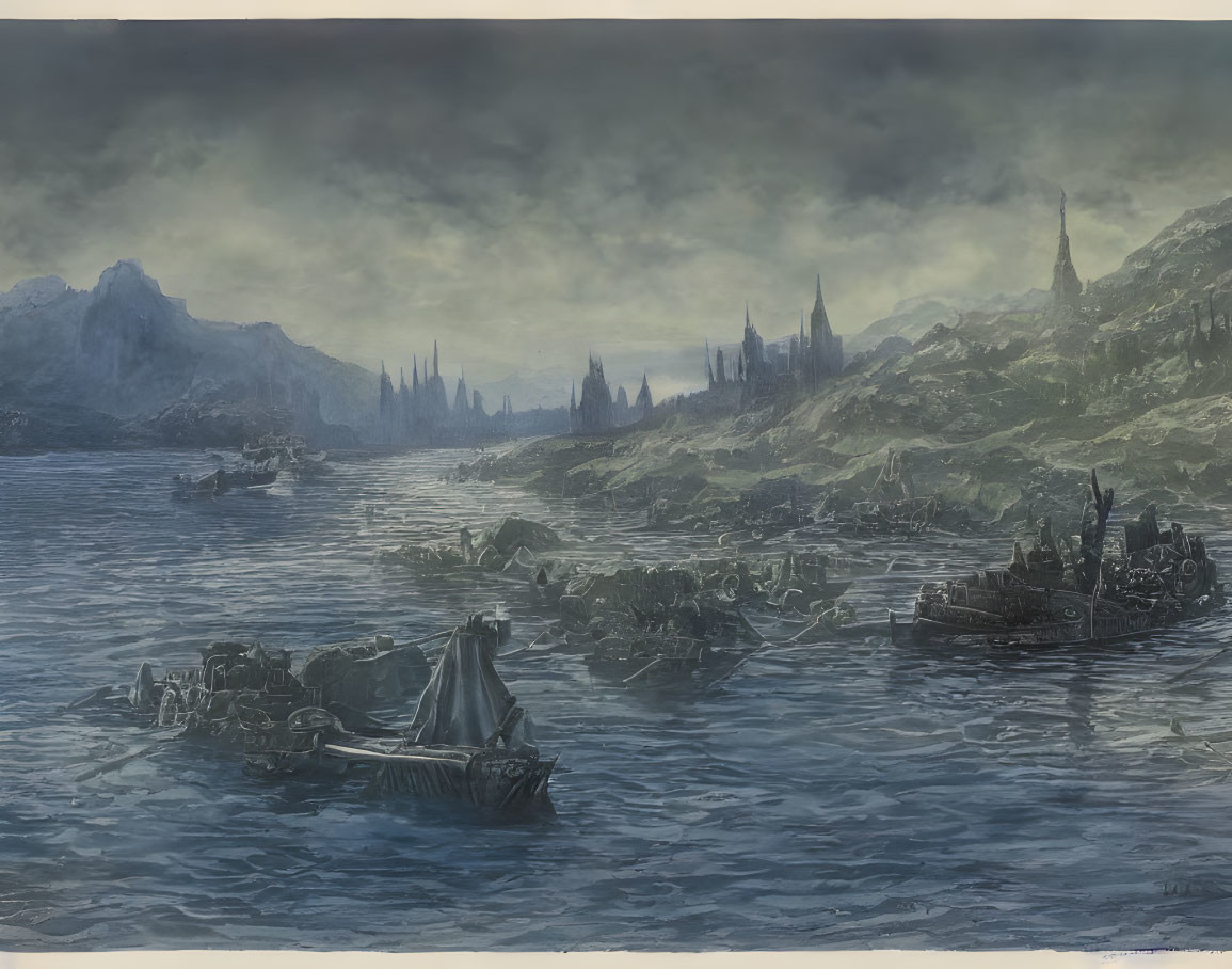 Medieval ships near rocky coast under cloudy sky with distant spires.