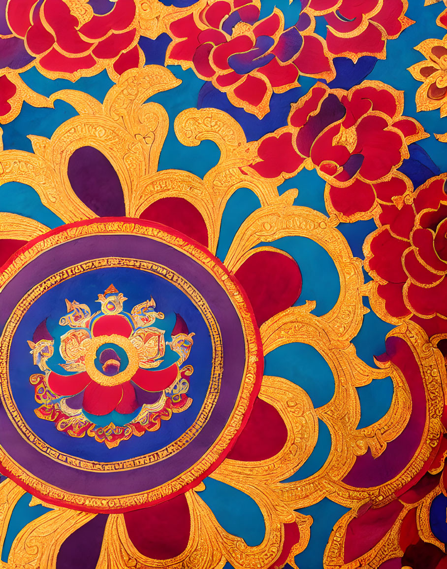 Colorful Buddhist Mandala: Red and Gold Lotus Design on Blue Background