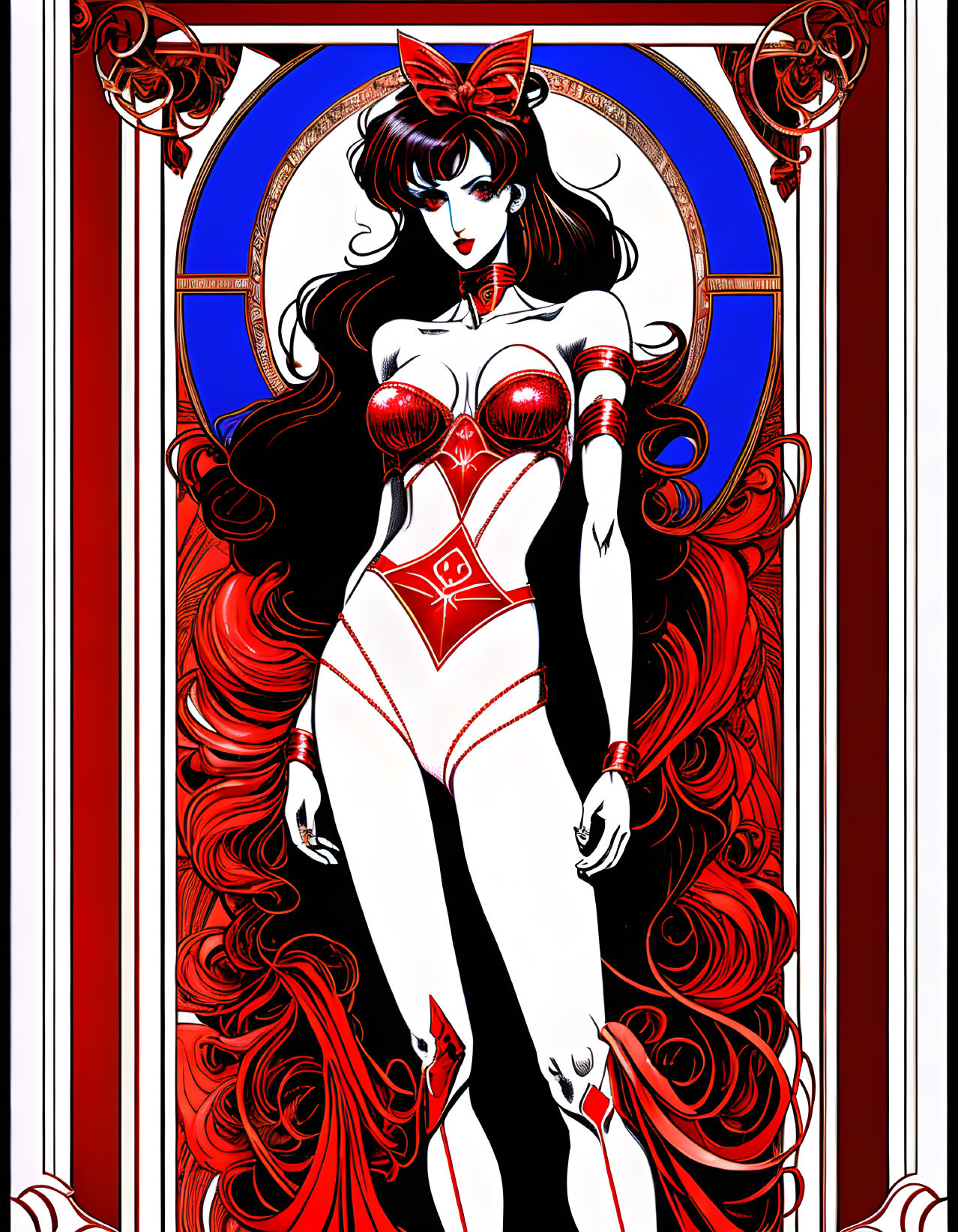Stylized female figure with red hair in Art Nouveau border