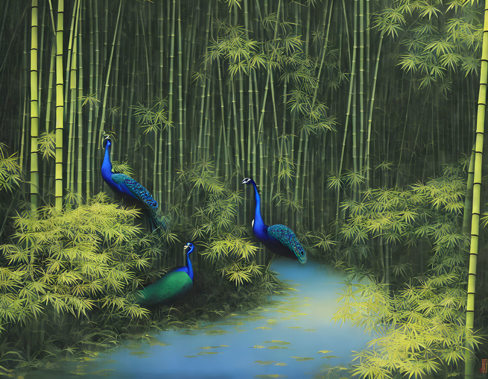 Three peacocks in lush bamboo forest with winding blue pathway