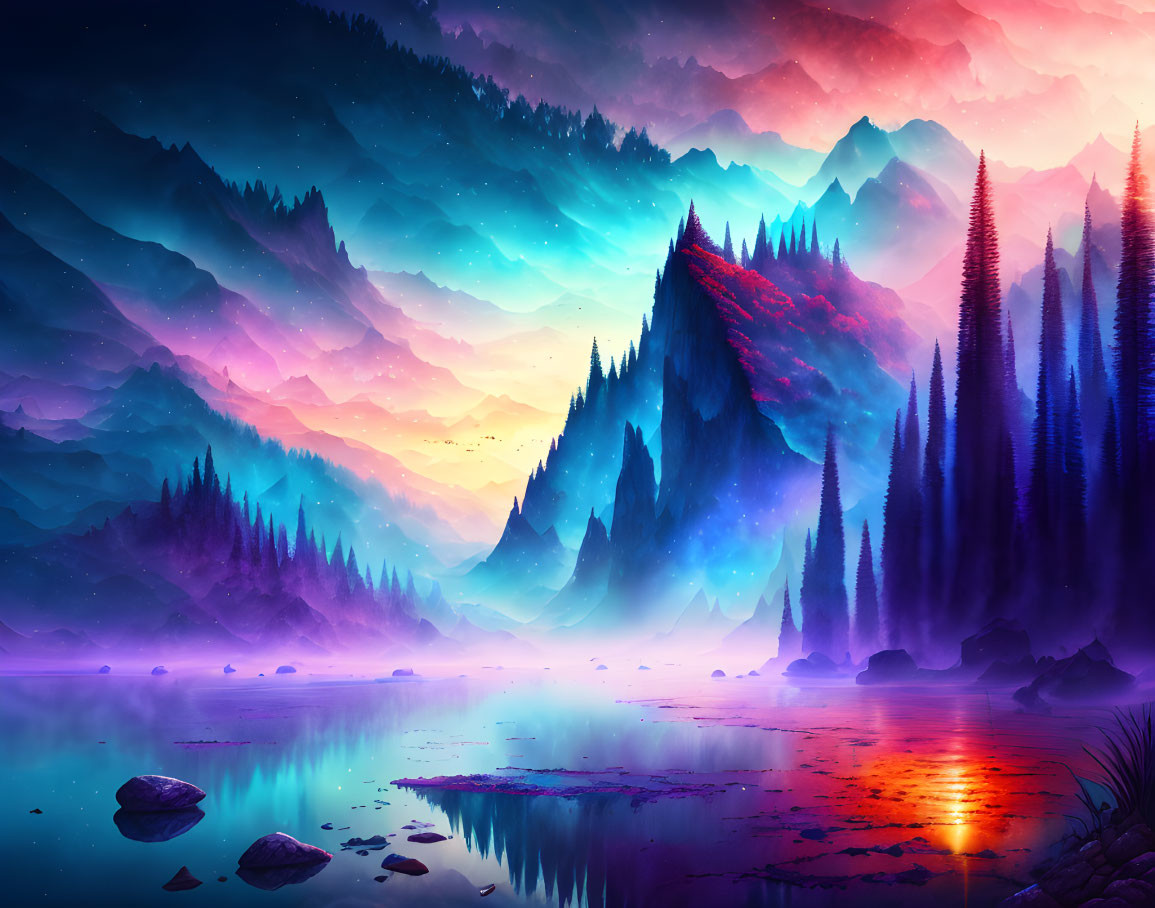 Colorful Skies and Mountain Silhouettes in Mystical Landscape