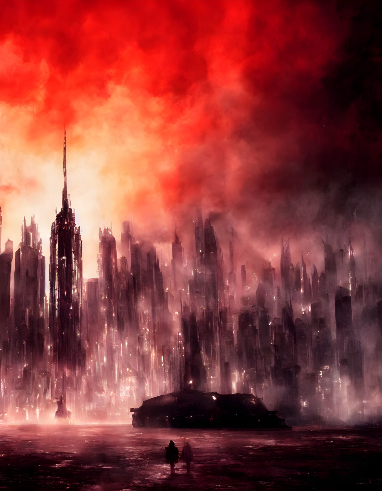 Dystopian cityscape with misty skyscrapers under red sky and figures by futuristic vehicle