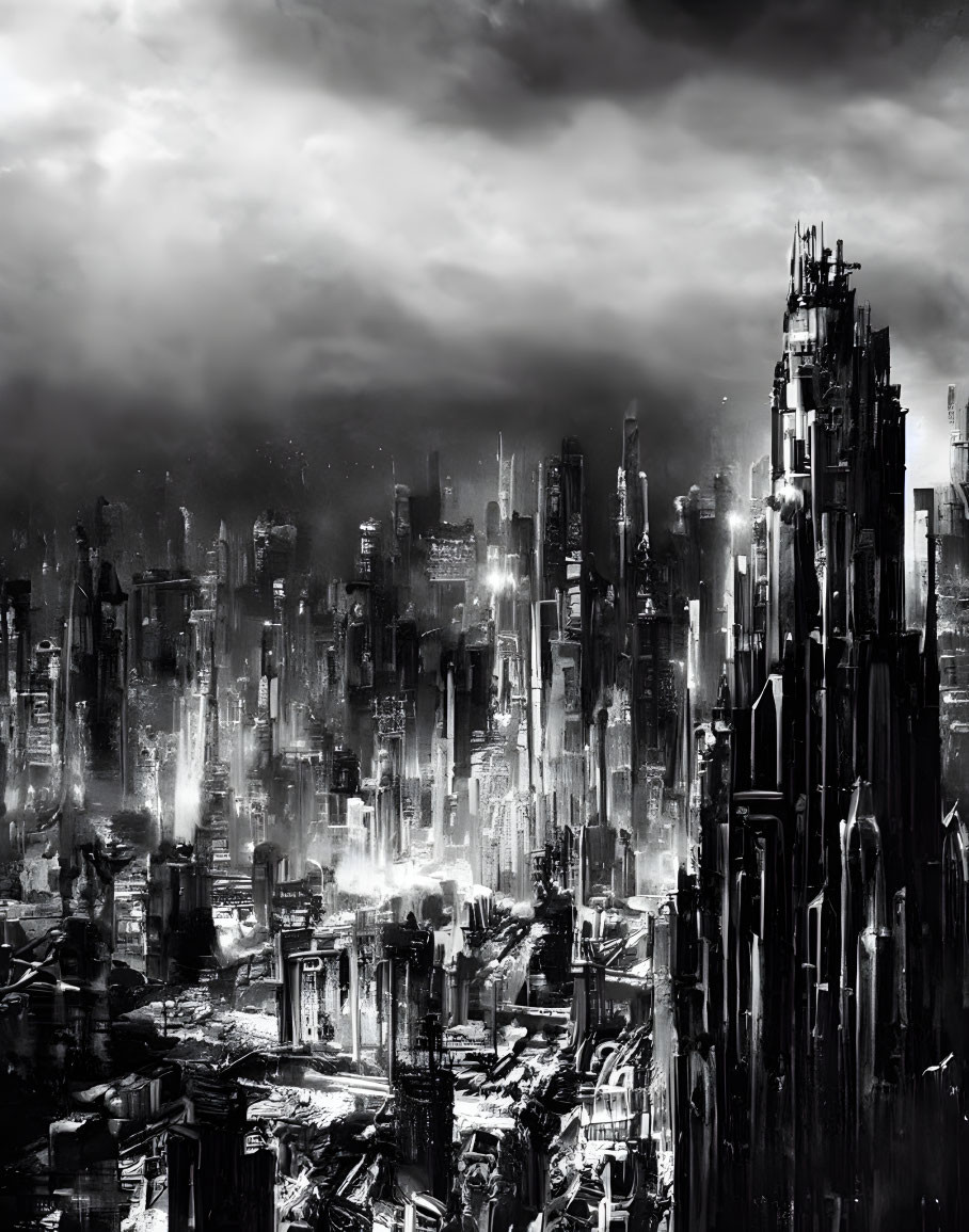 Monochromatic dystopian cityscape with towering skyscrapers and gloomy sky