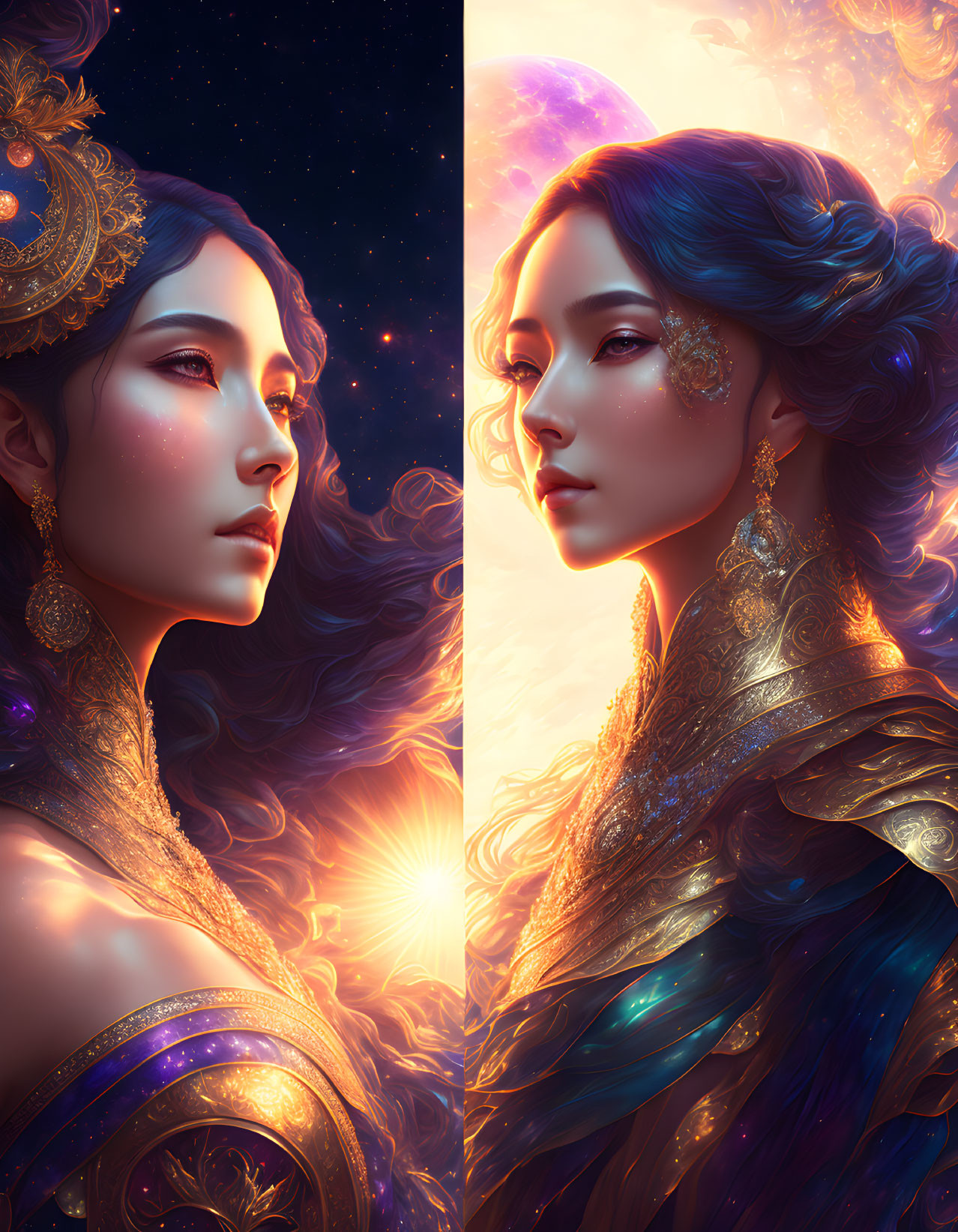 Ethereal women with golden headdresses in starry backdrop