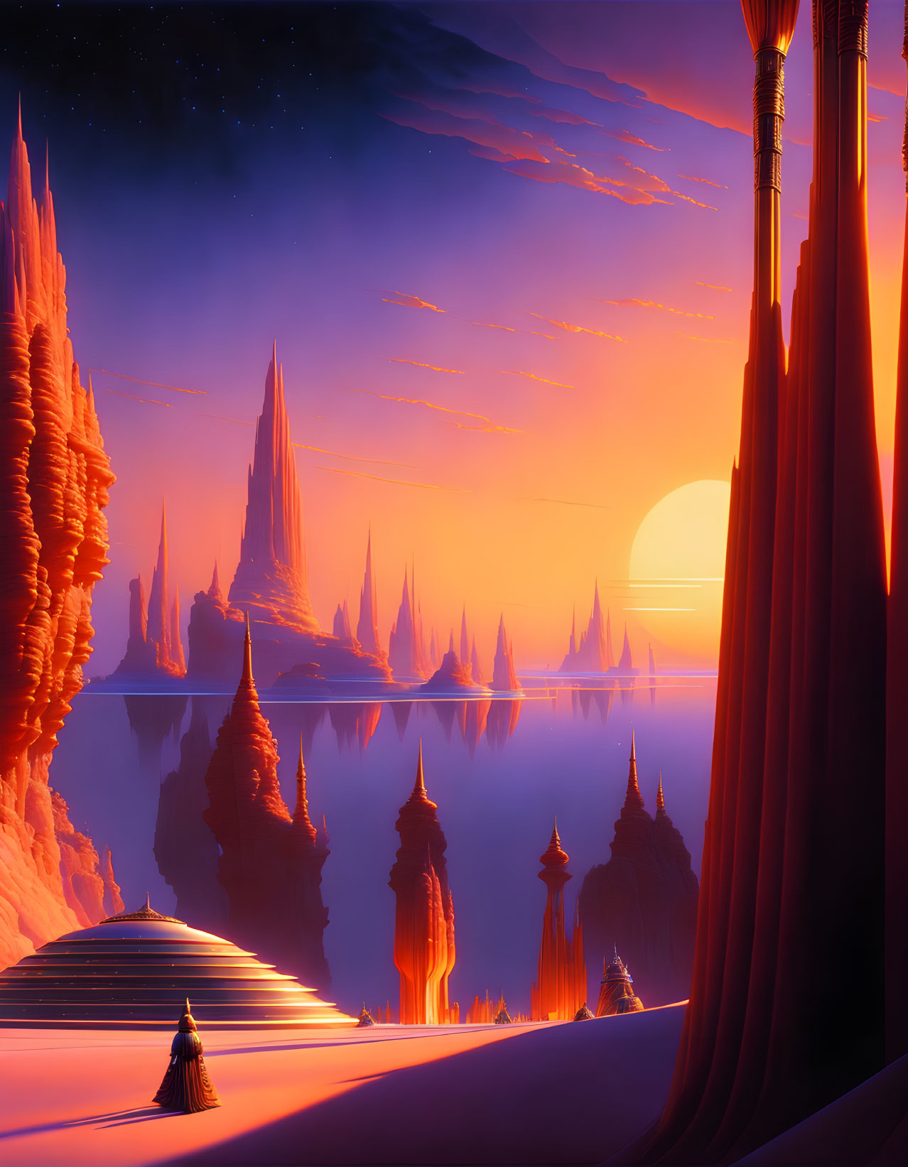 Surreal landscape with towering spires and large sun