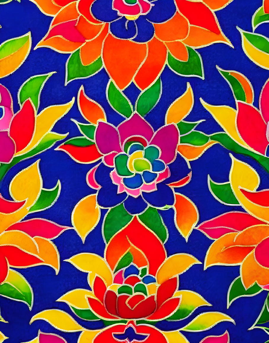 Colorful Floral Pattern on Deep Blue Background