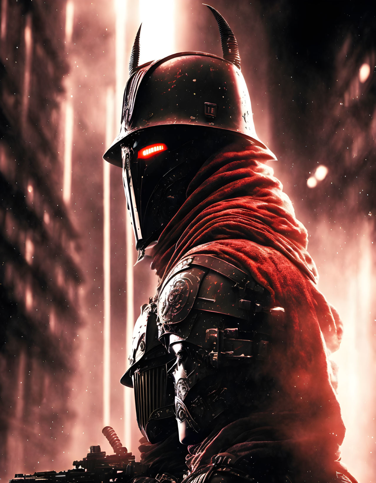 Futuristic warrior in helmet and armor with red cloak amid glowing lights