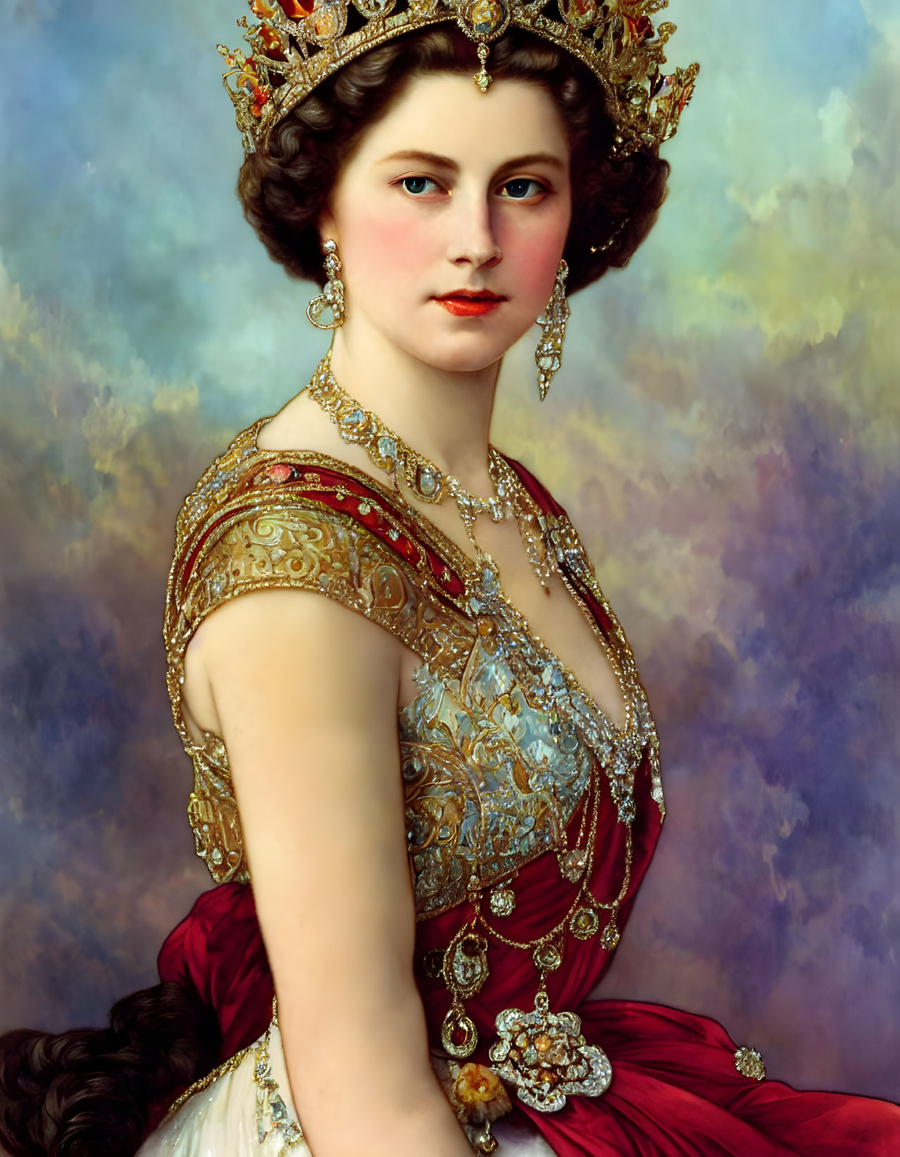 Regal woman portrait in crown, gown, and jewelry on painted backdrop