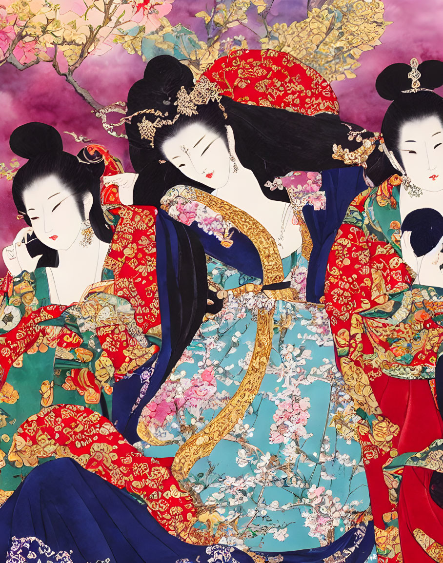 Three Women in Traditional Japanese Attire with Elaborate Hairstyles Among Colorful Floral Patterns on Pink