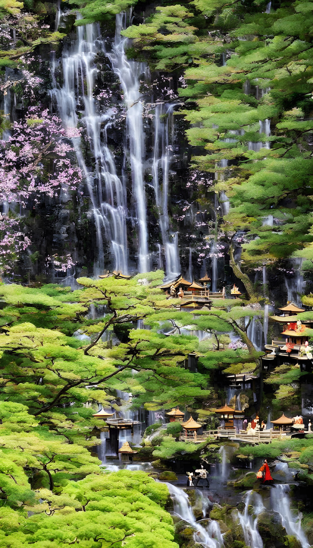 Tranquil Japanese waterfall scene with traditional structures and people in vibrant attire