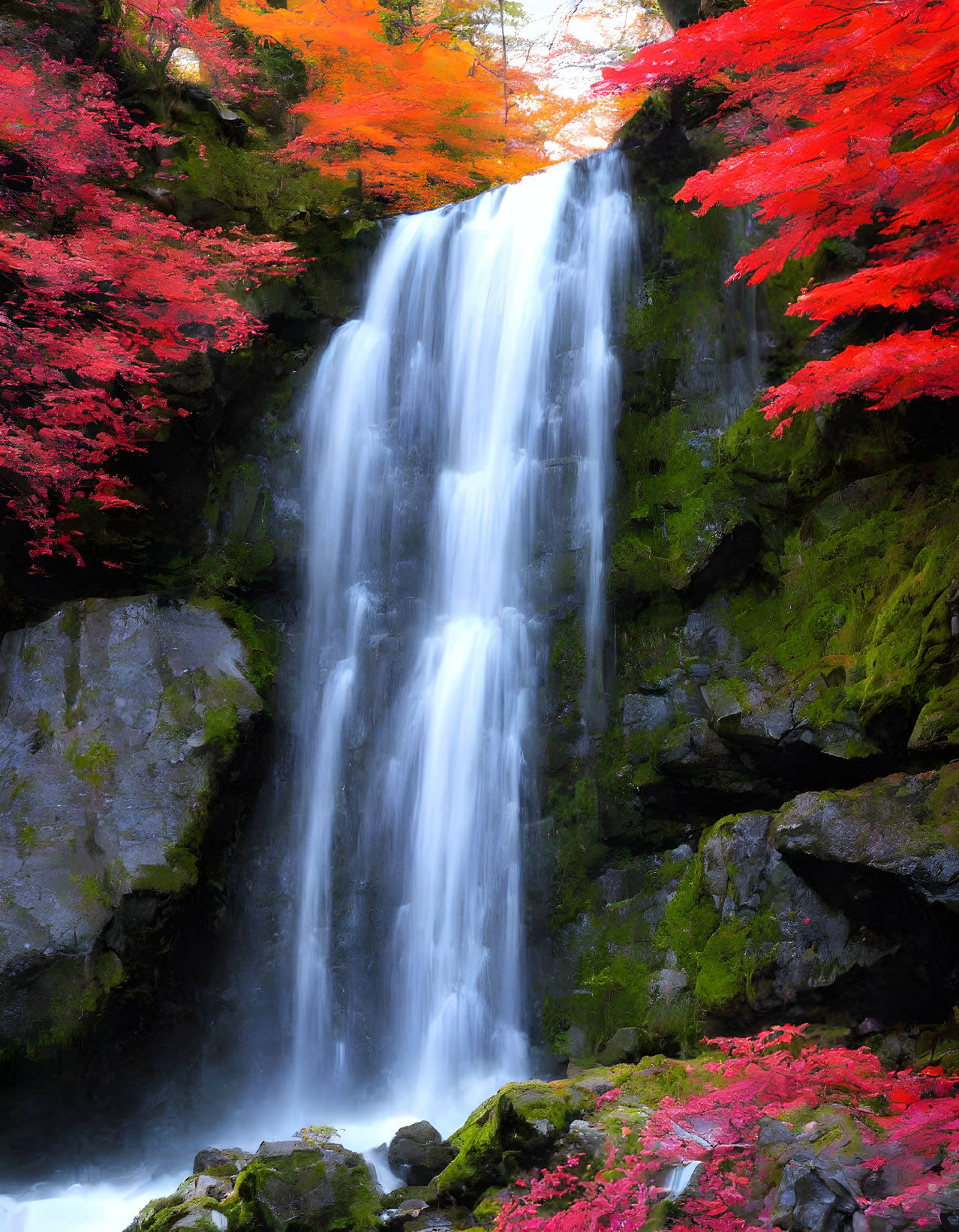 Tranquil waterfall in autumn forest setting