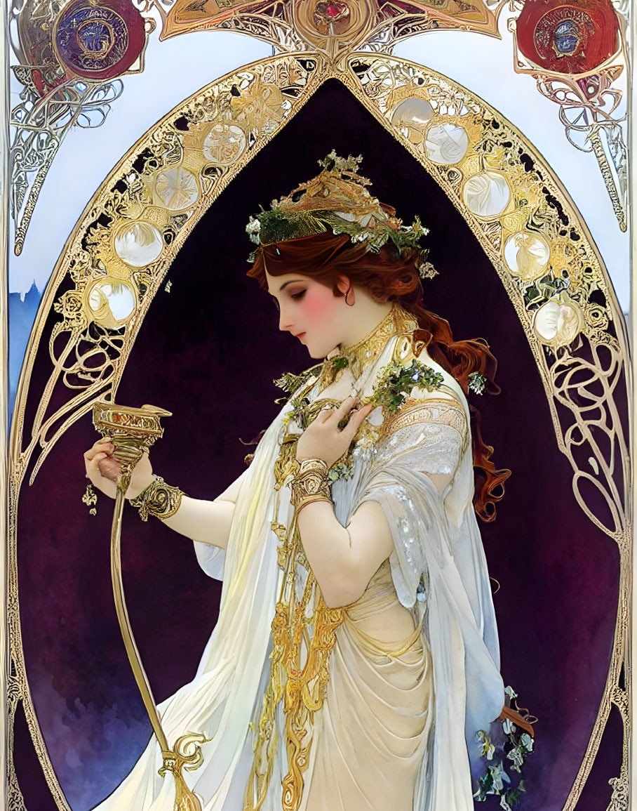 Regal Woman in White and Gold Gown with Chalice in Gothic Arch