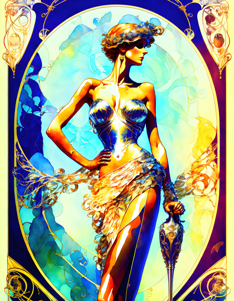 Art Nouveau Style Woman Illustration with Ornate Headpiece in Vibrant Blue and Gold