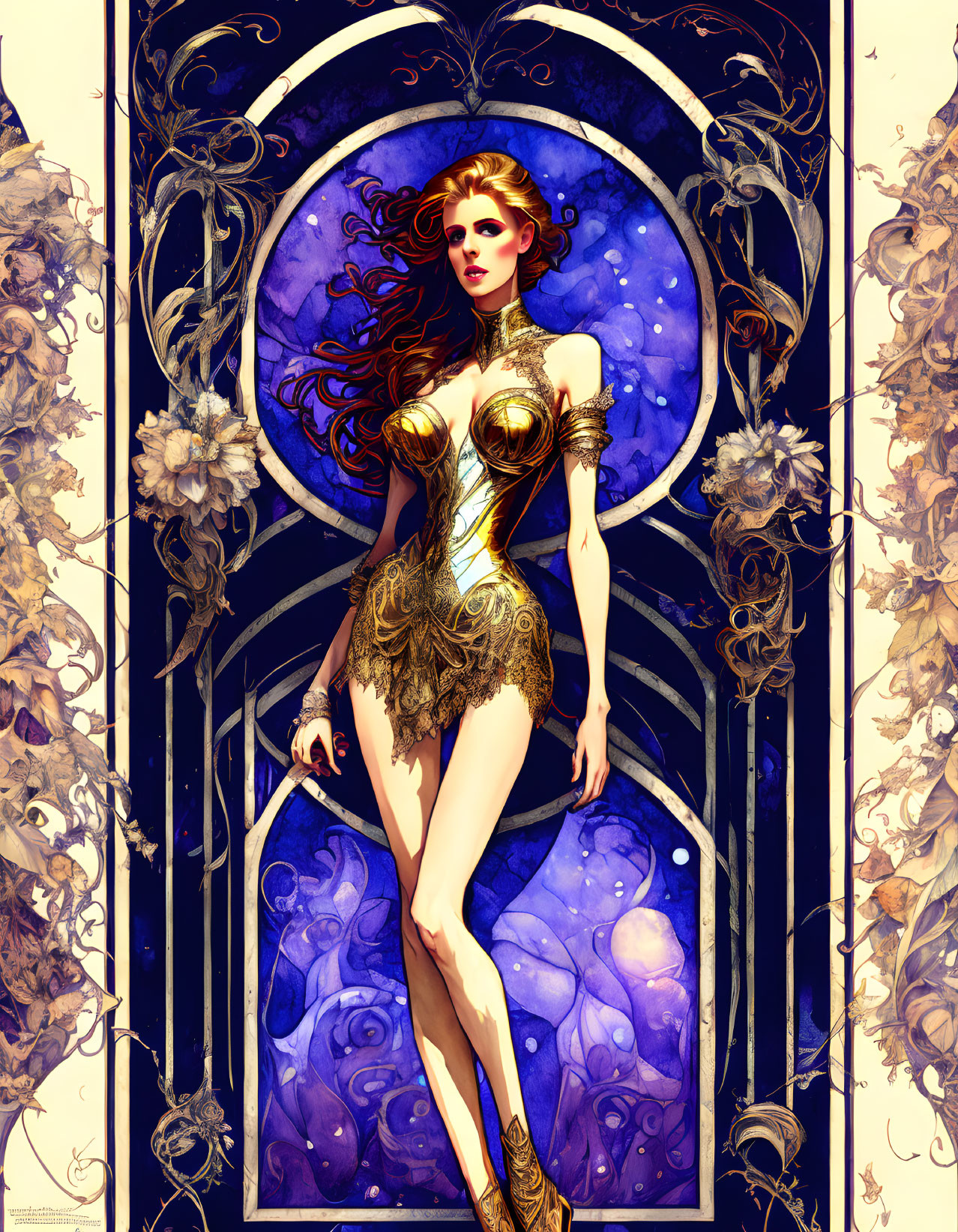 Fantasy female figure in golden armor with auburn hair in ornamental frame