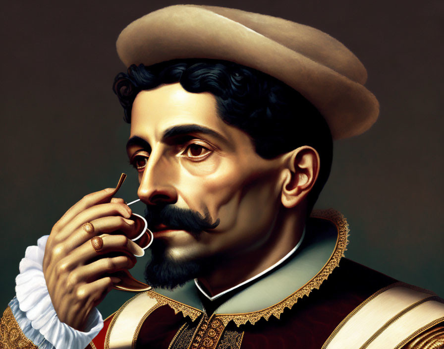 Portrait of a man with mustache in Renaissance attire holding a pipe