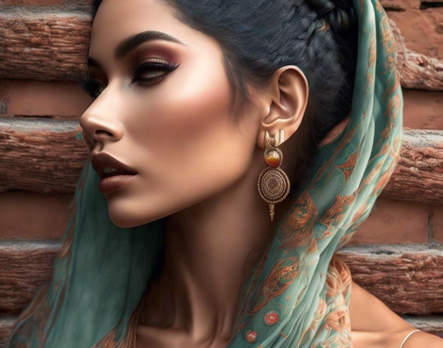 Detailed makeup and ornate earring on woman with green headscarf against brick wall