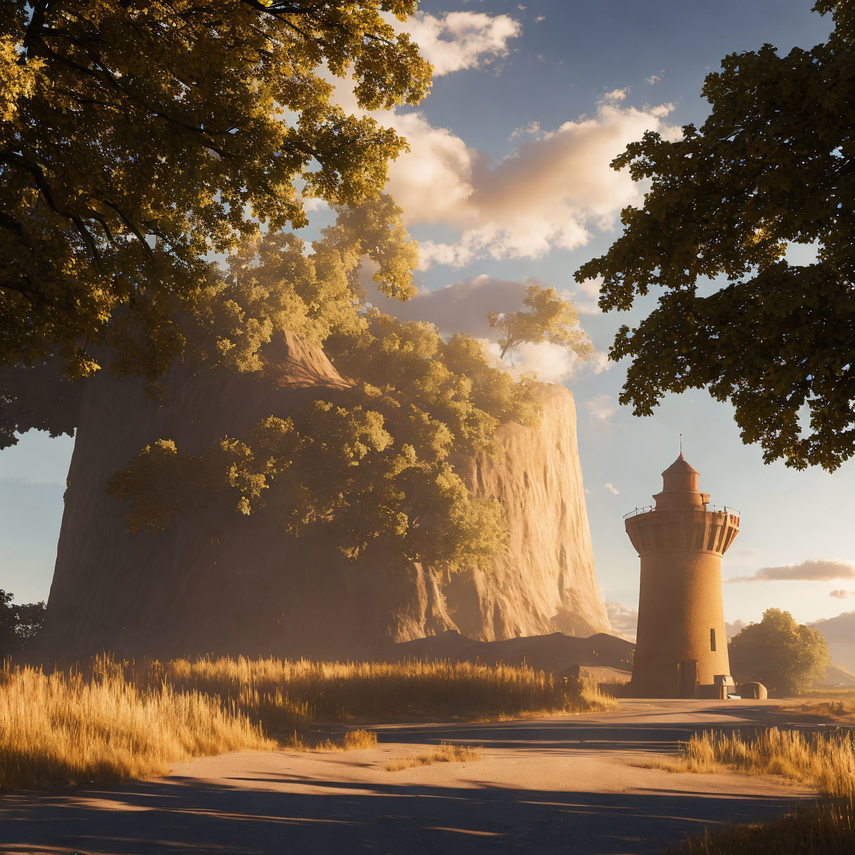 Serene field with colossal tree and stone tower at sunset