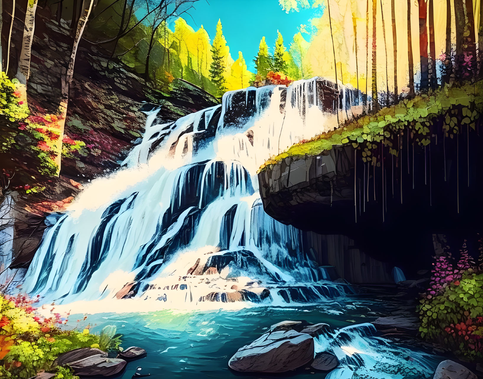 Colorful waterfall landscape with forest, flowers, and sunlit trees