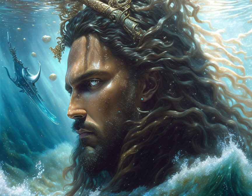 Regal man portrait with flowing hair, crown, submerged in water.