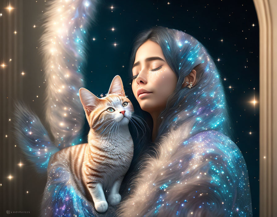 Woman with Star-Infused Hair Embraces Orange Tabby Cat in Celestial Scene