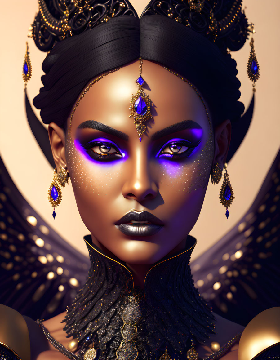 Regal woman digital artwork with purple eye makeup and golden headpiece