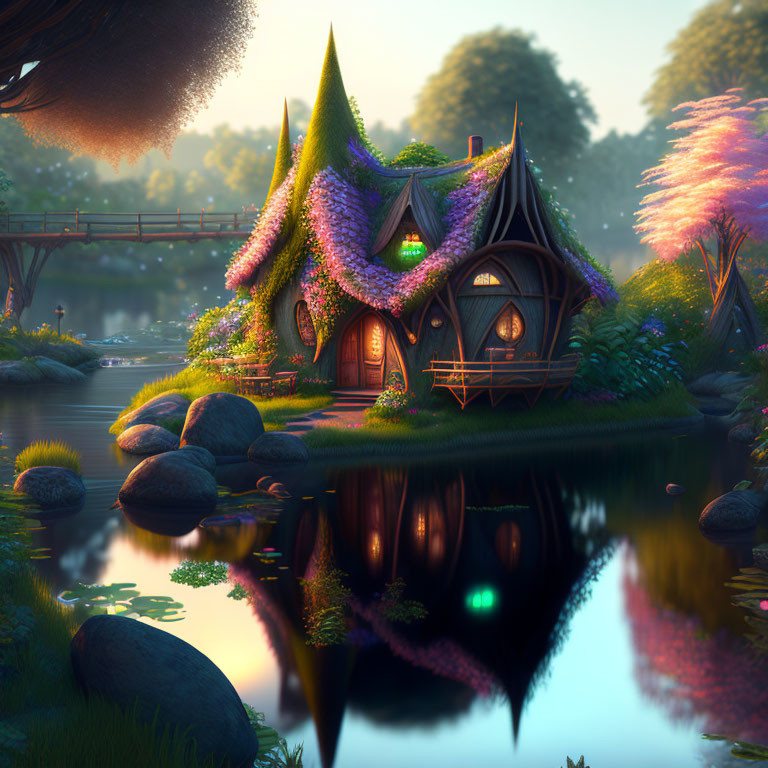 Charming cottage with pointed roofs by river at twilight or dawn