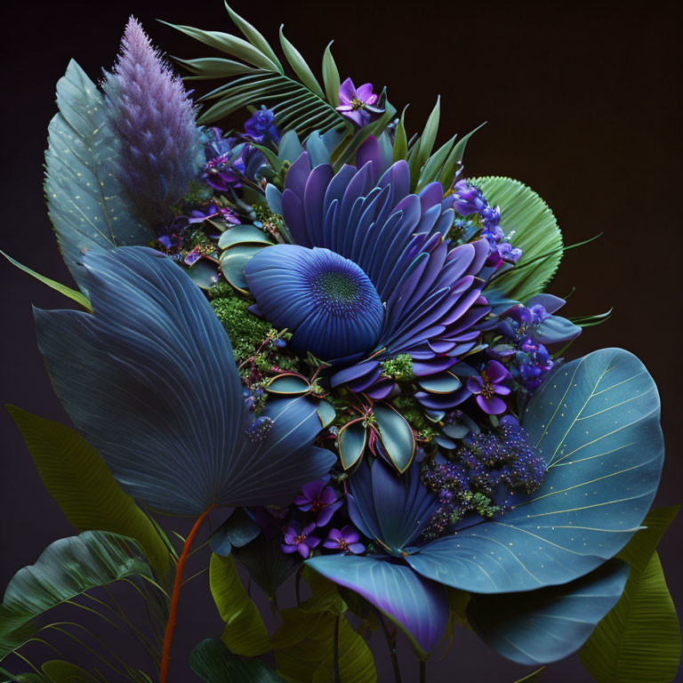 Fantasy flowers bouquet in purple and blue hues on dark background